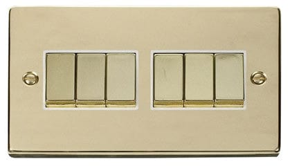 Polished Brass 10A 6 Gang 2 Way Ingot Light Switch - White Trim - SE Home