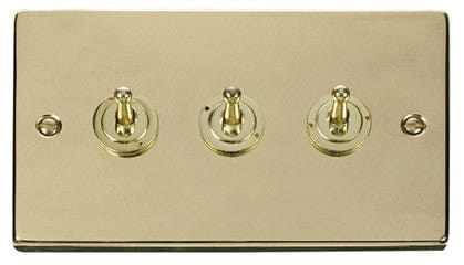 Polished Brass - Black Inserts Polished Brass 3 Gang 2 Way 10AX Toggle Light Switch