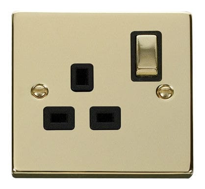 Polished Brass 1 Gang 13A DP Ingot Switched Plug Socket - Black Trim - SE Home