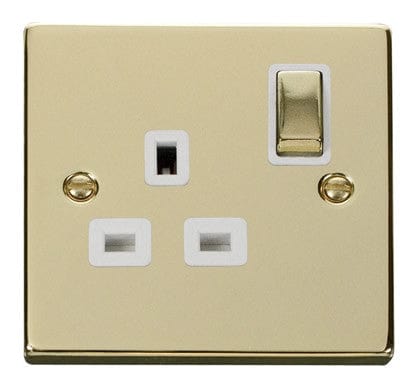 Polished Brass - White Inserts Polished Brass 1 Gang 13A DP Ingot Switched Plug Socket - White Trim