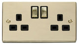 Polished Brass 2 Gang 13A DP Ingot Twin Double Switched Plug Socket - Black Trim - SE Home