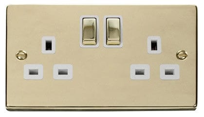 Polished Brass - White Inserts Polished Brass 2 Gang 13A DP Ingot Twin Double Switched Plug Socket - White Trim