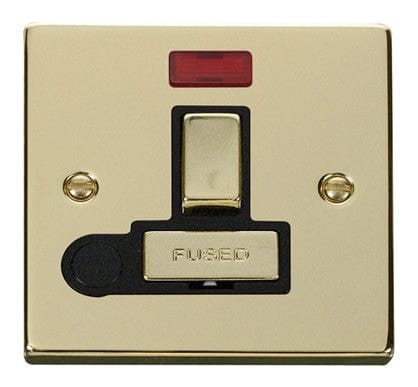 Polished Brass - Black Inserts Polished Brass 13A Fused Ingot Connection Unit Switched With Neon With Flex - Black Trim