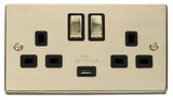 Polished Brass - Black Inserts Polished Brass 2 Gang 13A DP Ingot 1 USB Twin Double Switched Plug Socket - Black Trim