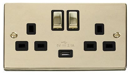Polished Brass 2 Gang 13A DP Ingot 1 USB Twin Double Switched Plug Socket - Black Trim - SE Home
