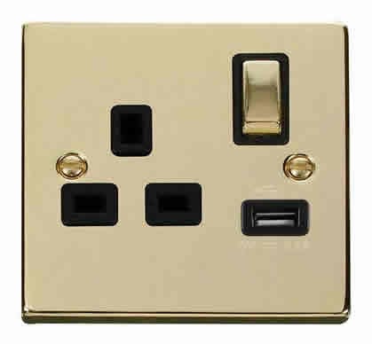 Polished Brass 1 Gang 13A DP Ingot 1 USB Switched Plug Socket - Black Trim - SE Home