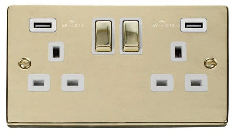Polished Brass - White Inserts Polished Brass 2 Gang 13A DP Ingot 2 USB Twin Double Switched Plug Socket - White Trim