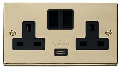 Polished Brass - Black Inserts Polished Brass 2 Gang 13A 1 USB Twin Double Switched Plug Socket - Black Trim