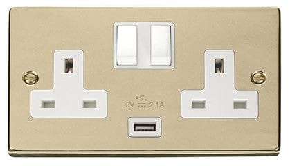 Polished Brass 2 Gang 13A 1 USB Twin Double Switched Plug Socket - White Trim - SE Home
