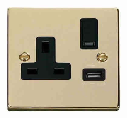 Polished Brass 1 Gang 13A DP 1 USB Switched Plug Socket - Black Trim - SE Home
