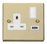 Polished Brass 1 Gang 13A DP 1 USB Switched Plug Socket - White Trim - SE Home