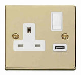 Polished Brass - White Inserts Polished Brass 1 Gang 13A DP 1 USB Switched Plug Socket - White Trim
