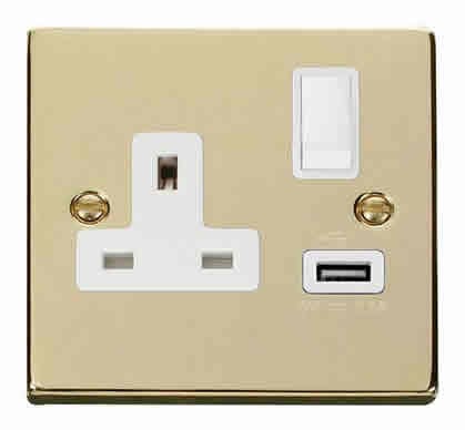 Polished Brass 1 Gang 13A DP 1 USB Switched Plug Socket - White Trim - SE Home