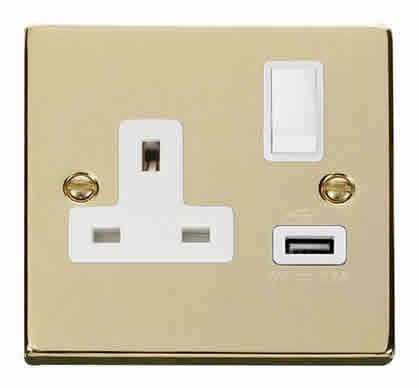 Polished Brass - White Inserts Polished Brass 1 Gang 13A DP 1 USB Switched Plug Socket - White Trim