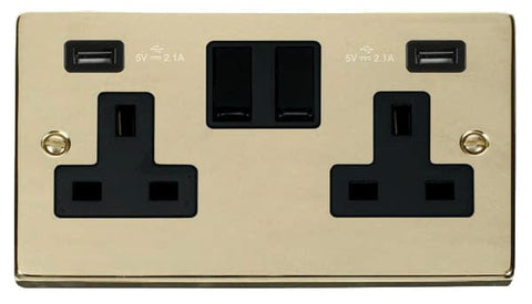 Polished Brass - Black Inserts Polished Brass 2 Gang 13A 2 USB Twin Double Switched Plug Socket - Black Trim