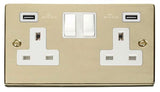 Polished Brass - White Inserts Polished Brass 2 Gang 13A 2 USB Twin Double Switched Plug Socket - White Trim