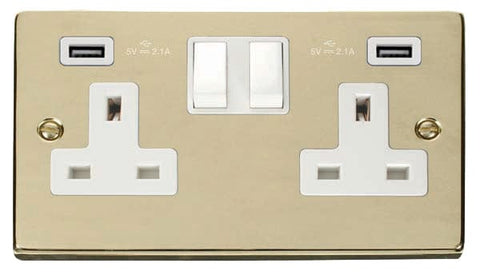 Polished Brass 2 Gang 13A 2 USB Twin Double Switched Plug Socket - White Trim - SE Home