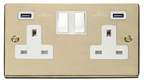 Polished Brass - White Inserts Polished Brass 2 Gang 13A 2 USB Twin Double Switched Plug Socket - White Trim