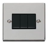 Polished Chrome - Black Inserts Polished Chrome 10A 3 Gang 2 Way Light Switch - Black Trim