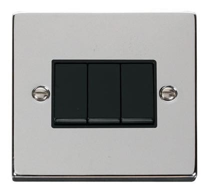 Polished Chrome 10A 3 Gang 2 Way Light Switch - Black Trim - SE Home