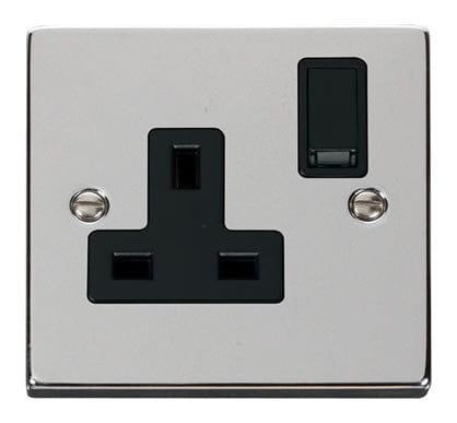 Polished Chrome - Black Inserts Polished Chrome 1 Gang 13A DP Switched Plug Socket - Black Trim