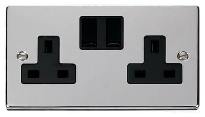 Polished Chrome 2 Gang 13A Twin Double Switched Plug Socket - Black Trim - SE Home