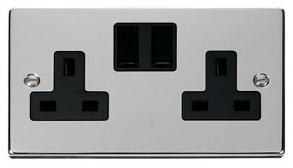 Polished Chrome - Black Inserts Polished Chrome 2 Gang 13A Twin Double Switched Plug Socket - Black Trim