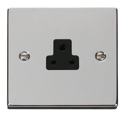 Polished Chrome 1 Gang 2A Round Pin Plug Socket - Black Trim - SE Home