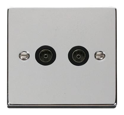 Polished Chrome - Black Inserts Polished Chrome 2 Gang Twin Coaxial TV Socket - Black Trim