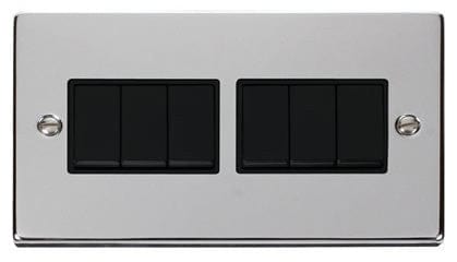 Polished Chrome 10A 6 Gang 2 Way Light Switch - Black Trim - SE Home