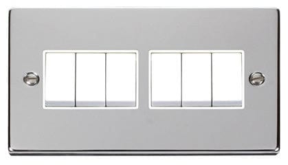 Polished Chrome - White Inserts Polished Chrome 10A 6 Gang 2 Way Light Switch - White Trim