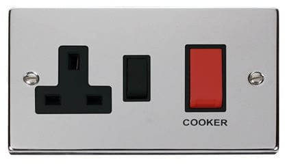 Polished Chrome Cooker Control 45A With 13A Switched Plug Socket - Black Trim - SE Home