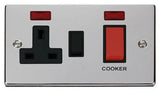 Polished Chrome Cooker Control 45A With 13A Switched Plug Socket & 2 Neons - Black Trim - SE Home