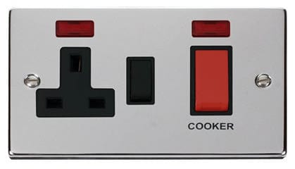 Polished Chrome Cooker Control 45A With 13A Switched Plug Socket & 2 Neons - Black Trim - SE Home
