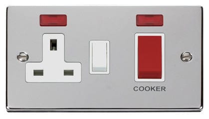 Polished Chrome - White Inserts Polished Chrome Cooker Control 45A With 13A Switched Plug Socket & 2 Neons - White Trim