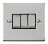 Polished Chrome - Black Inserts Polished Chrome 10A 3 Gang 2 Way Ingot Light Switch - Black Trim