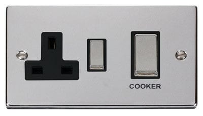 Polished Chrome - Black Inserts Polished Chrome Cooker Control Ingot 45A With 13A Switched Plug Socket - Black Trim
