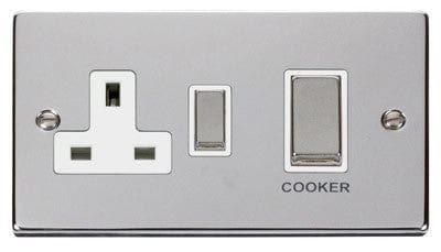 Polished Chrome - White Inserts Polished Chrome Cooker Control Ingot 45A With 13A Switched Plug Socket - White Trim