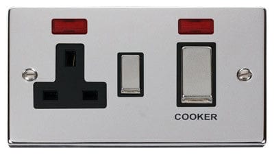Polished Chrome Cooker Control Ingot 45A With 13A Switched Plug Socket & 2 Neons - Black Trim - SE Home