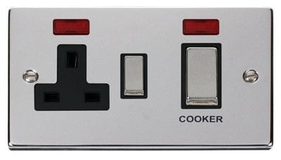 Polished Chrome - Black Inserts Polished Chrome Cooker Control Ingot 45A With 13A Switched Plug Socket & 2 Neons - Black Trim