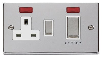 Polished Chrome - White Inserts Polished Chrome Cooker Control Ingot 45A With 13A Switched Plug Socket & 2 Neons - White Trim