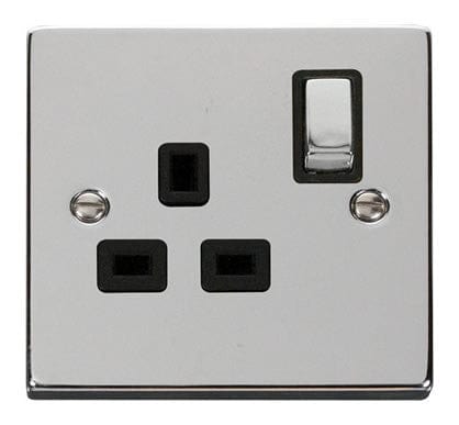 Polished Chrome 1 Gang 13A DP Ingot Switched Plug Socket - Black Trim - SE Home