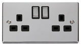 Polished Chrome 2 Gang 13A DP Ingot Twin Double Switched Plug Socket - Black Trim - SE Home