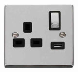 Polished Chrome 1 Gang 13A DP Ingot 1 USB Switched Plug Socket - Black Trim - SE Home