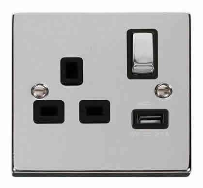 Polished Chrome 1 Gang 13A DP Ingot 1 USB Switched Plug Socket - Black Trim - SE Home