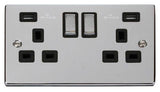 Polished Chrome - Black Inserts Polished Chrome 2 Gang 13A DP Ingot 2 USB Twin Double Switched Plug Socket - Black Trim