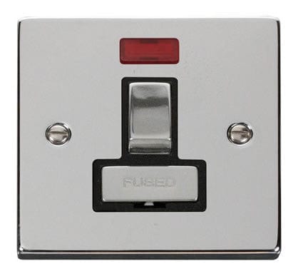 Polished Chrome 13A Fused Ingot Connection Unit Switched With Neon - Black Trim - SE Home