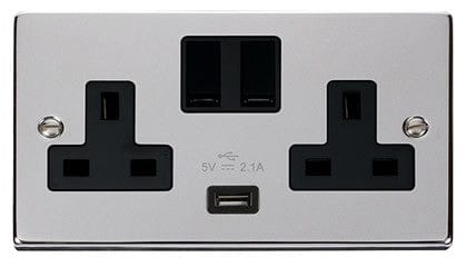 Polished Chrome 2 Gang 13A 1 USB Twin Double Switched Plug Socket - Black Trim - SE Home
