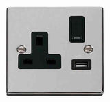 Polished Chrome 1 Gang 13A DP 1 USB Switched Plug Socket - Black Trim - SE Home