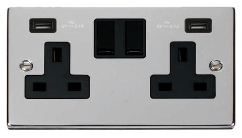 Polished Chrome - Black Inserts Polished Chrome 2 Gang 13A 2 USB Twin Double Switched Plug Socket - Black Trim